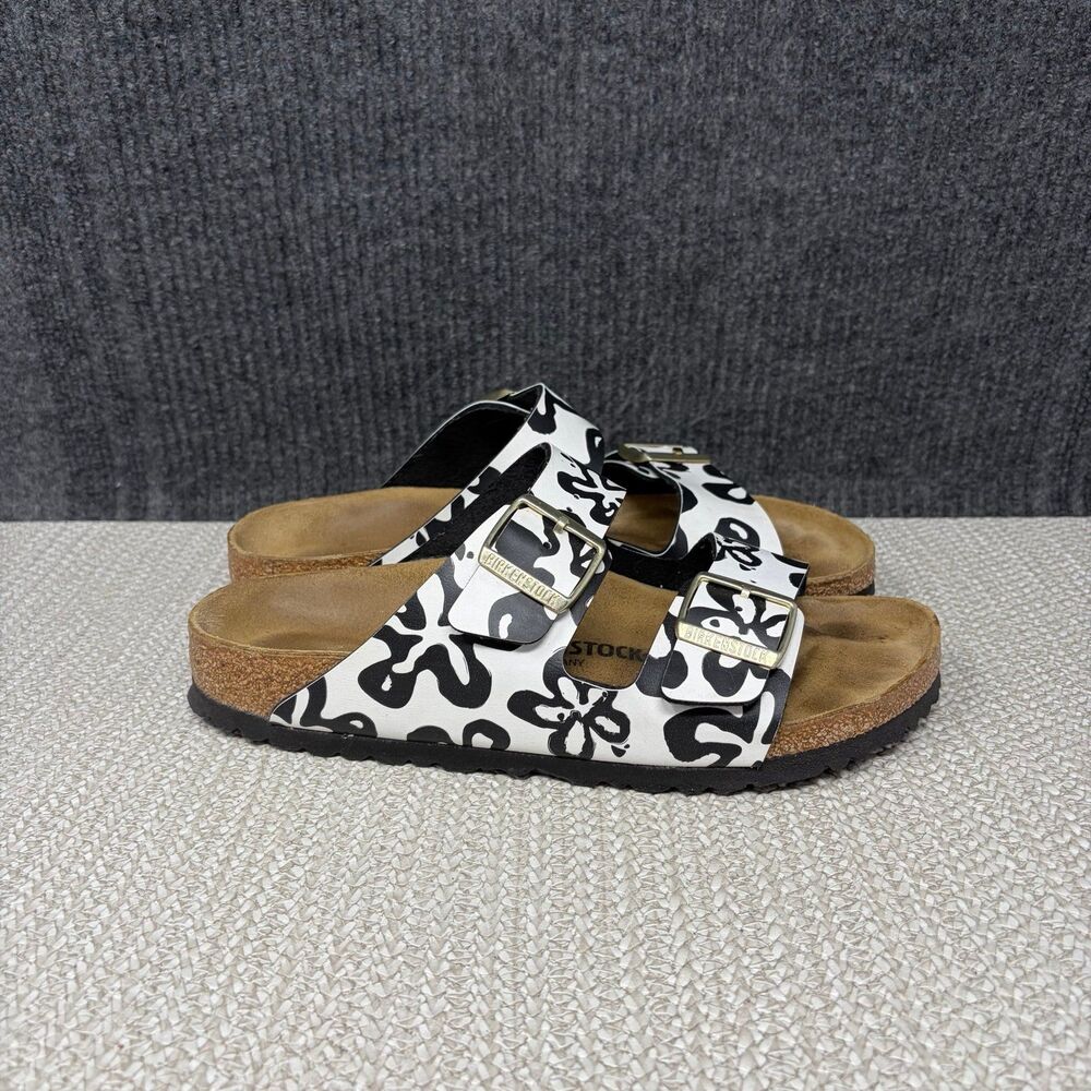 Birkenstock Arizona Birko-Flor Blooms White Black Strap Women’s Size 41 US 10